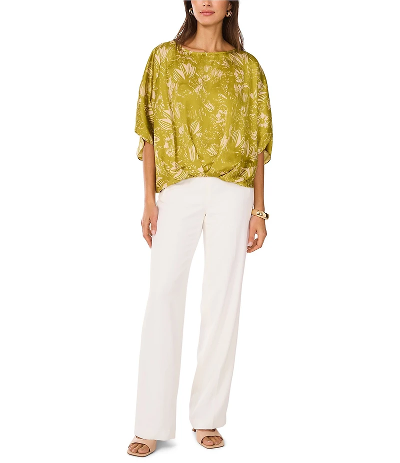 Vince Camuto Woven Floral Print Boat Neck Short Sleeve Blouse