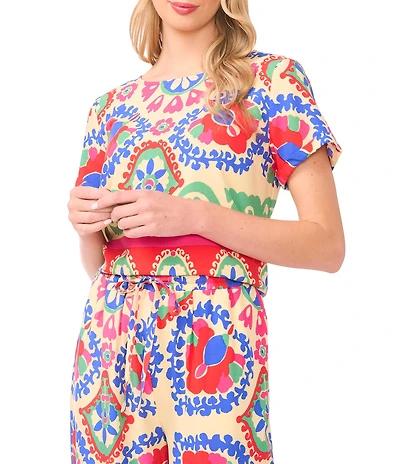 Vince Camuto Woven Floral Print Crew Neck Short Sleeve Coordinating Blouse