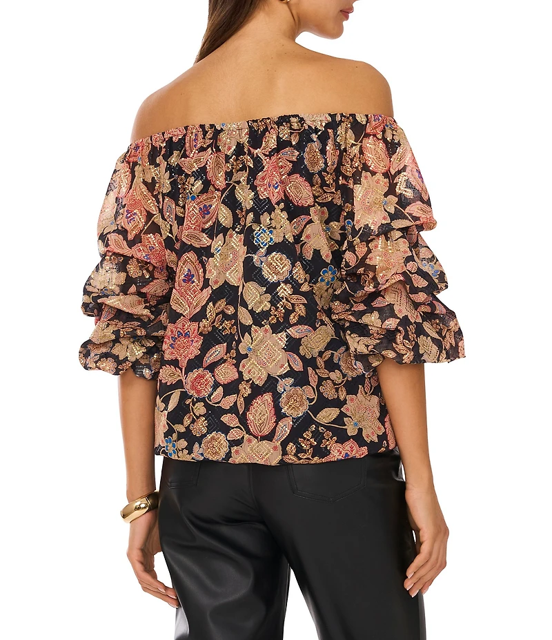 Vince Camuto Woven Floral Print Off-The-Shoulder Bubble 3/4 Sleeve Top