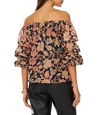 Vince Camuto Woven Floral Print Off-The-Shoulder Bubble 3/4 Sleeve Top