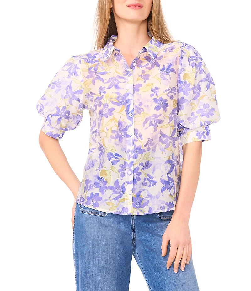 Vince Camuto Woven Floral Print Point Collar Short Sleeve Button Up Blouse