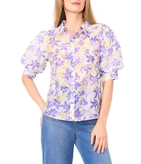 Vince Camuto Woven Floral Print Point Collar Short Sleeve Button Up Blouse