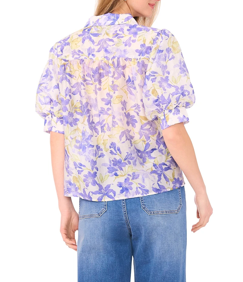 Vince Camuto Woven Floral Print Point Collar Short Sleeve Button Up Blouse