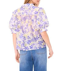 Vince Camuto Woven Floral Print Point Collar Short Sleeve Button Up Blouse