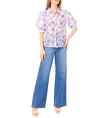 Vince Camuto Woven Floral Print Point Collar Short Sleeve Button Up Blouse