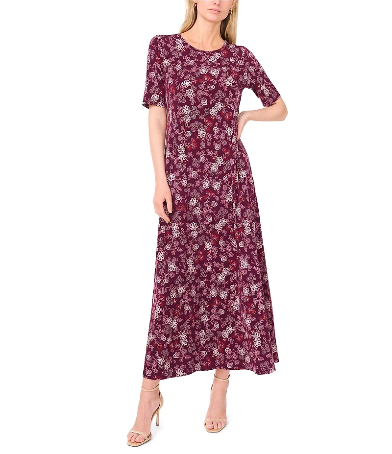 Vince Camuto Woven Floral Print Round Neck 3/4 Sleeve Maxi A-Line Dress