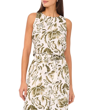 Vince Camuto Woven Floral Print Round Neck Sleeveless Coordinating Tank