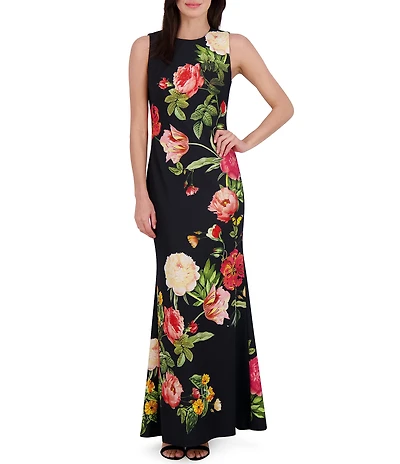 Vince Camuto Woven Floral Print Round Neck Sleeveless Maxi Gown