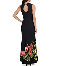 Vince Camuto Woven Floral Print Round Neck Sleeveless Maxi Gown