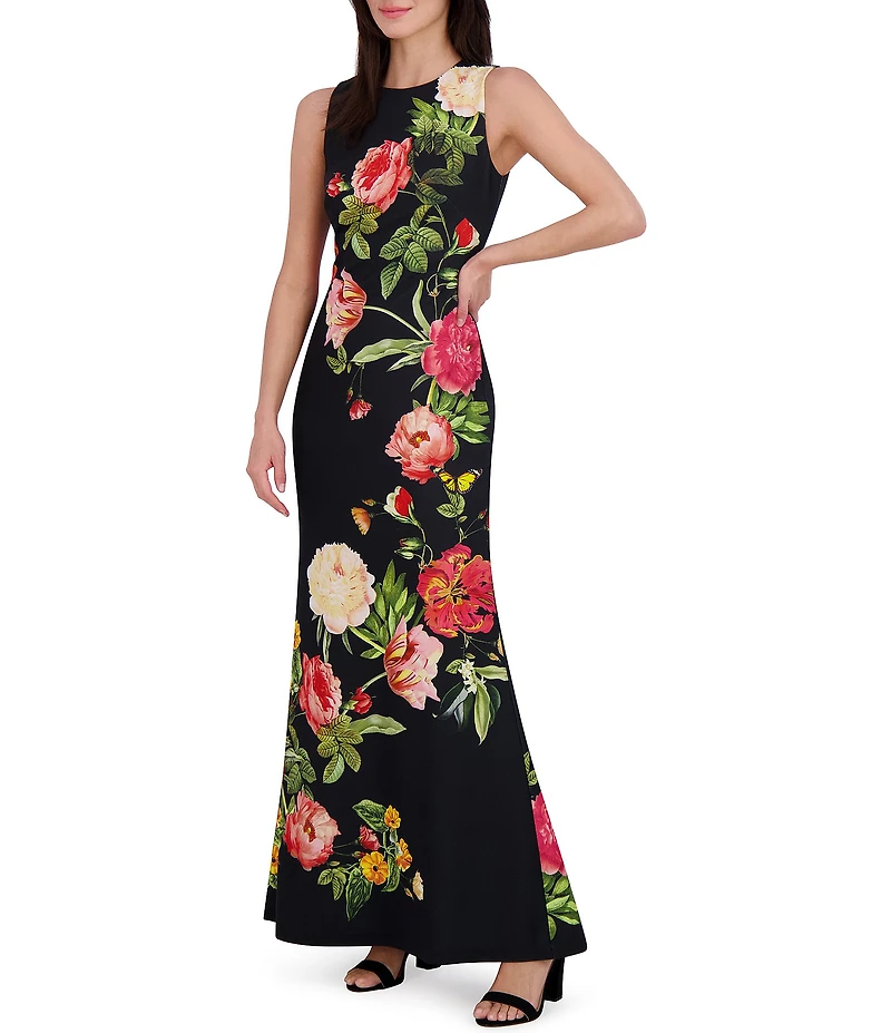 Vince Camuto Woven Floral Print Round Neck Sleeveless Maxi Gown