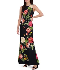 Vince Camuto Woven Floral Print Round Neck Sleeveless Maxi Gown