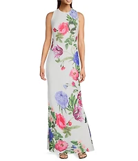 Vince Camuto Woven Floral Print Round Neck Sleeveless Maxi Gown