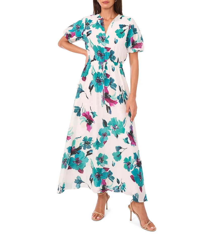 Vince Camuto Woven Floral Print Split V-Neck Puff Sleeve Maxi A-Line Dress