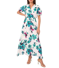 Vince Camuto Woven Floral Print Split V-Neck Puff Sleeve Maxi A-Line Dress