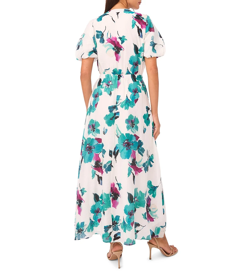 Vince Camuto Woven Floral Print Split V-Neck Puff Sleeve Maxi A-Line Dress