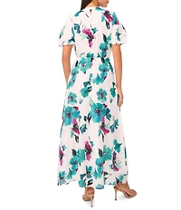 Vince Camuto Woven Floral Print Split V-Neck Puff Sleeve Maxi A-Line Dress