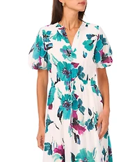 Vince Camuto Woven Floral Print Split V-Neck Puff Sleeve Maxi A-Line Dress