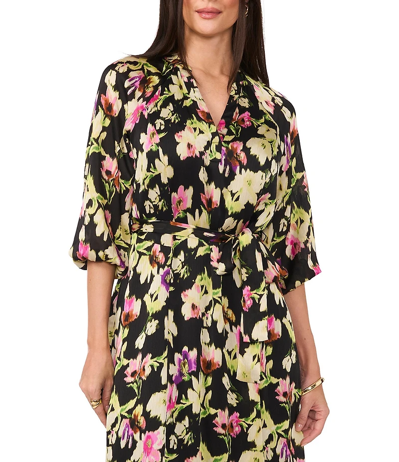 Vince Camuto Woven Floral Print V-Neck 3/4 Sleeve Belted Maxi Dress