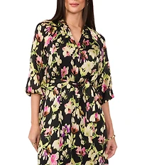 Vince Camuto Woven Floral Print V-Neck 3/4 Sleeve Belted Maxi Dress
