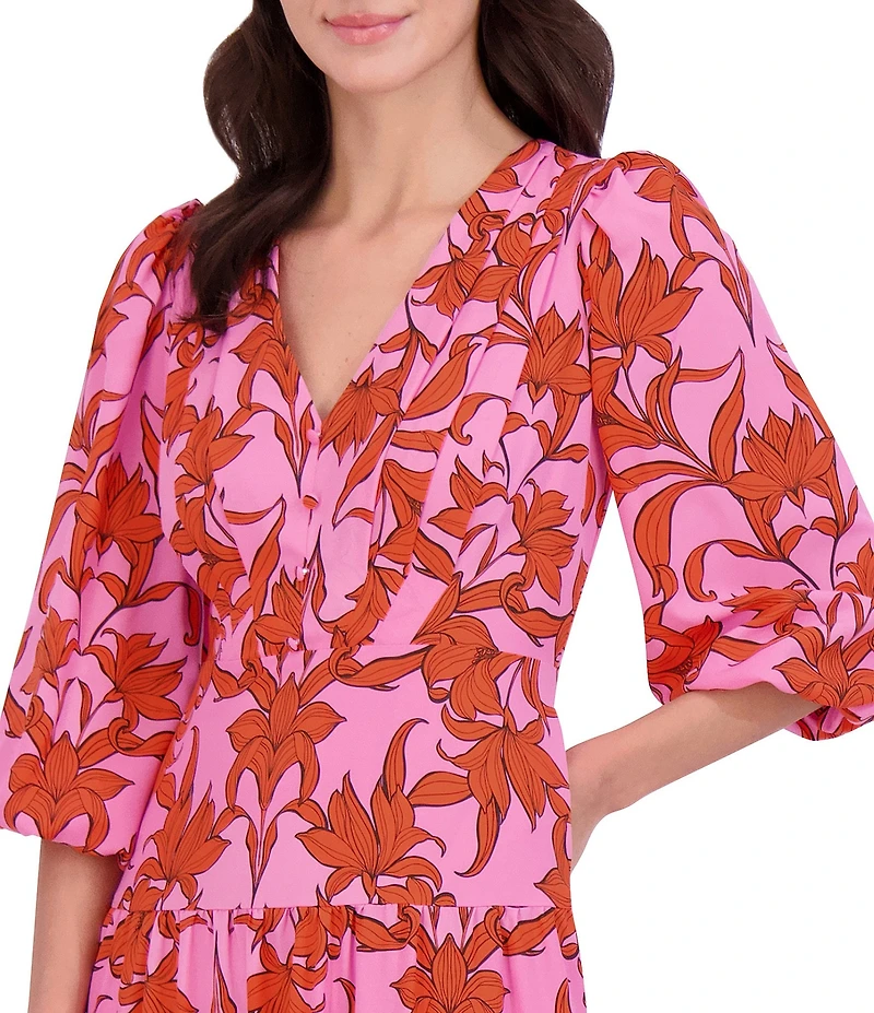 Vince Camuto Woven Floral Print V-Neck 3/4 Sleeve Tiered Maxi Dress