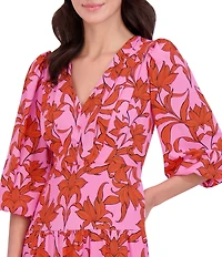 Vince Camuto Woven Floral Print V-Neck 3/4 Sleeve Tiered Maxi Dress