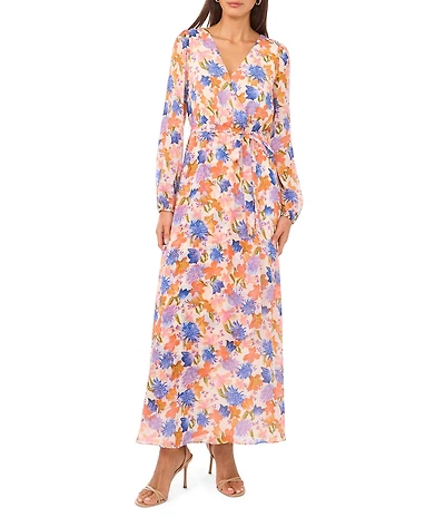 Vince Camuto Woven Floral Print V-Neck Long Sleeve Wrap Front Maxi Dress