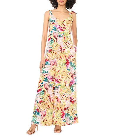Vince Camuto Woven Floral Print V-Neck Sleeveless Tie Strap Jumpsuit