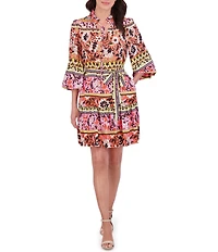 Vince Camuto Woven Floral Print V-Neck Tie Long Sleeve Belted Tiered A-Line Dress