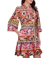 Vince Camuto Woven Floral Print V-Neck Tie Long Sleeve Belted Tiered A-Line Dress