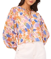 Vince Camuto Woven Floral Print V-Neck Tie Peasant Sleeve Blouse