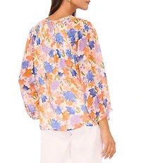 Vince Camuto Woven Floral Print V-Neck Tie Peasant Sleeve Blouse