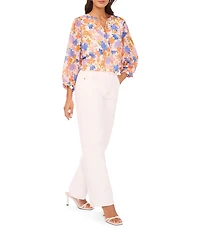 Vince Camuto Woven Floral Print V-Neck Tie Peasant Sleeve Blouse