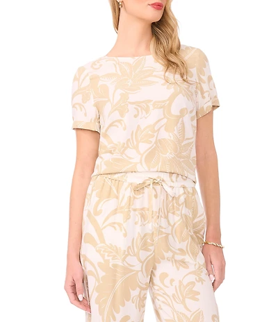 Vince Camuto Woven Floral Printed Crew Neck Short Sleeve Coordinating Blouse