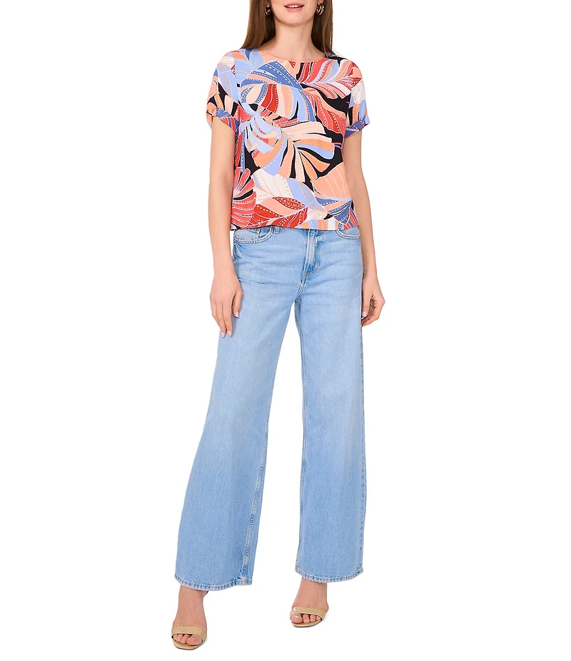 Vince Camuto Woven Crew Neck Tropical Palm Print Boat Neck Short Sleeve Blouse