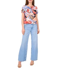 Vince Camuto Woven Crew Neck Tropical Palm Print Boat Neck Short Sleeve Blouse