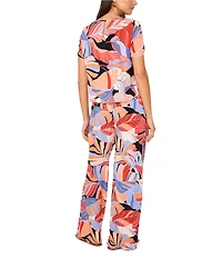 Vince Camuto Woven Crew Neck Tropical Palm Print Boat Neck Short Sleeve Blouse