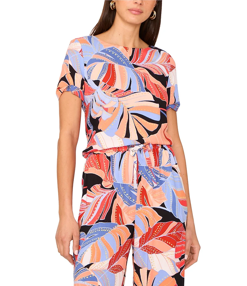 Vince Camuto Woven Crew Neck Tropical Palm Print Boat Neck Short Sleeve Blouse