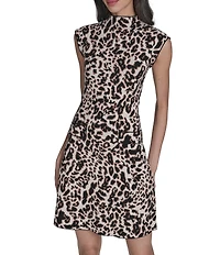 Vince Camuto Woven Leopard Print Mock Neck Sleeveless Sheath Dress
