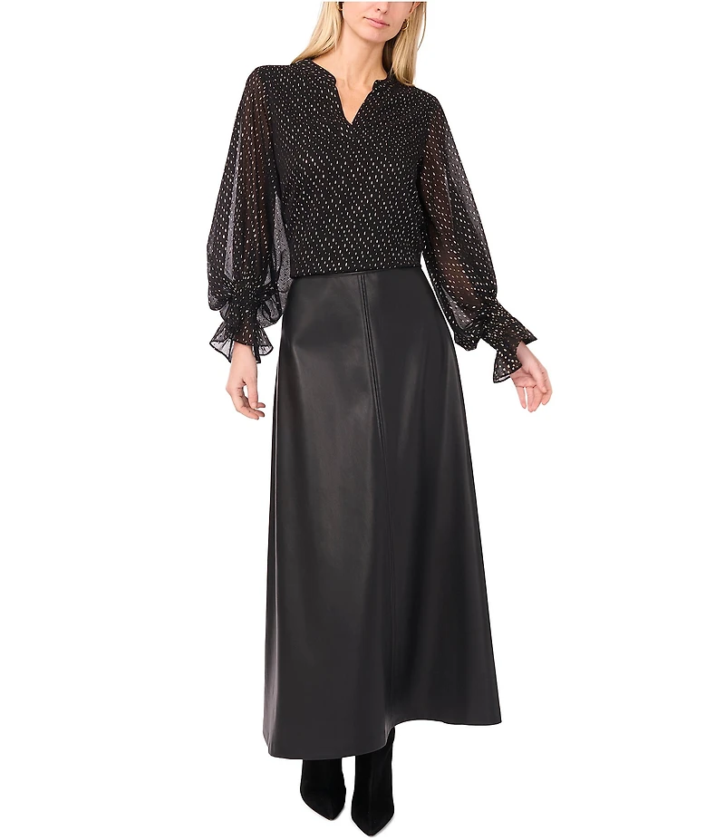 Vince Camuto Woven Lurex Dot V-Neck Long Sleeve Blouse