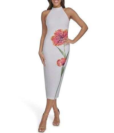 Vince Camuto Woven Mock Neck Sleeveless Sequin Flower Dress