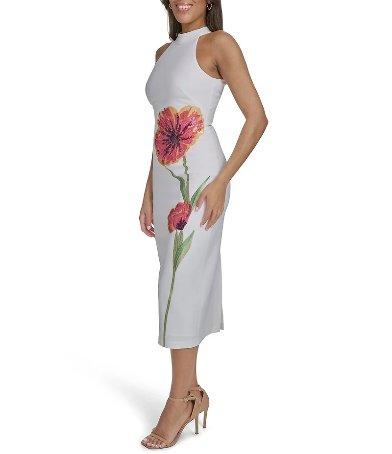 Vince Camuto Woven Mock Neck Sleeveless Sequin Flower Dress