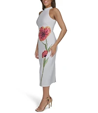 Vince Camuto Woven Mock Neck Sleeveless Sequin Flower Dress