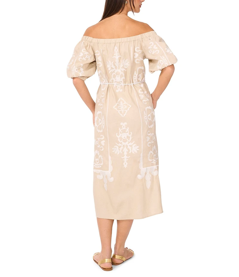 Vince Camuto Woven Off-the-Shoulder 3/4 Sleeve Embroidered Midi Shift Dress