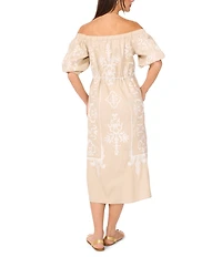 Vince Camuto Woven Off-the-Shoulder 3/4 Sleeve Embroidered Midi Shift Dress