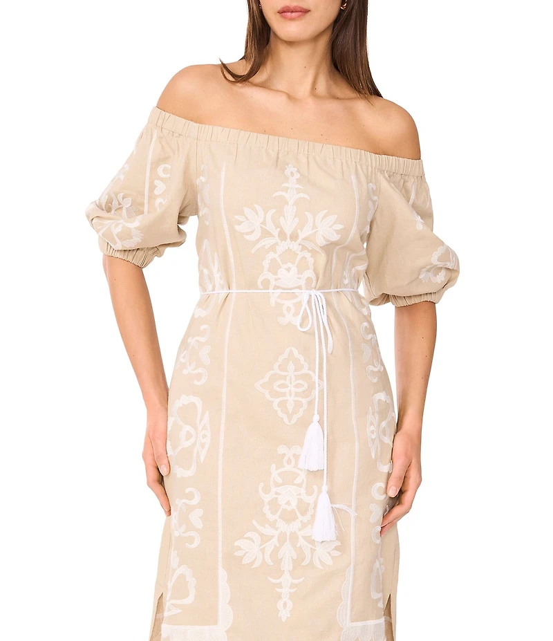 Vince Camuto Woven Off-the-Shoulder 3/4 Sleeve Embroidered Midi Shift Dress