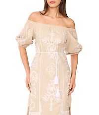 Vince Camuto Woven Off-the-Shoulder 3/4 Sleeve Embroidered Midi Shift Dress