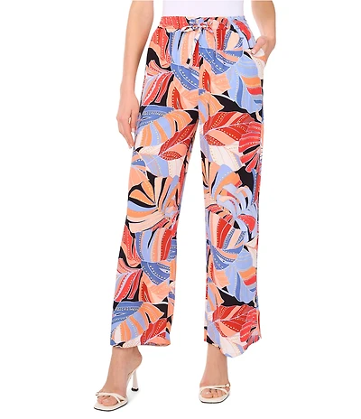 Vince Camuto Woven Tropical Palm Print Drawstring Waist Wide Leg Pants