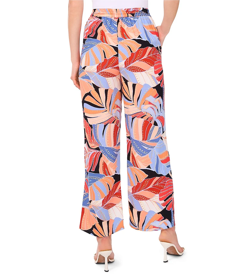 Vince Camuto Woven Tropical Palm Print Drawstring Waist Wide Leg Pants