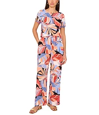 Vince Camuto Woven Tropical Palm Print Drawstring Waist Wide Leg Pants