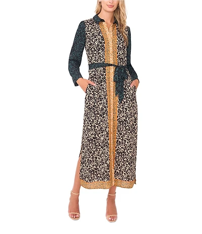 Vince Camuto Woven Point Collar Long Sleeve Button Front Shirt Maxi Dress